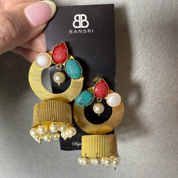 Bansri Women’s Fashion Earrings Coral Turquoise Pearl Gold Tone Dangle Earrings - Picture 1 of 7